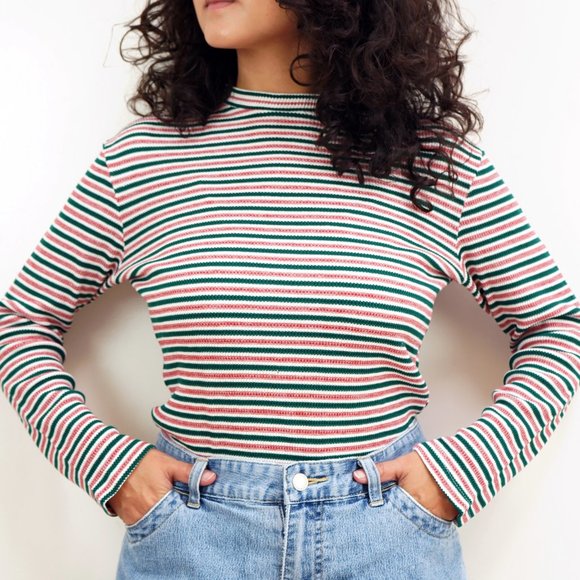 Vintage Tops - 90s Striped Long Sleeve Tee Red, Green and White